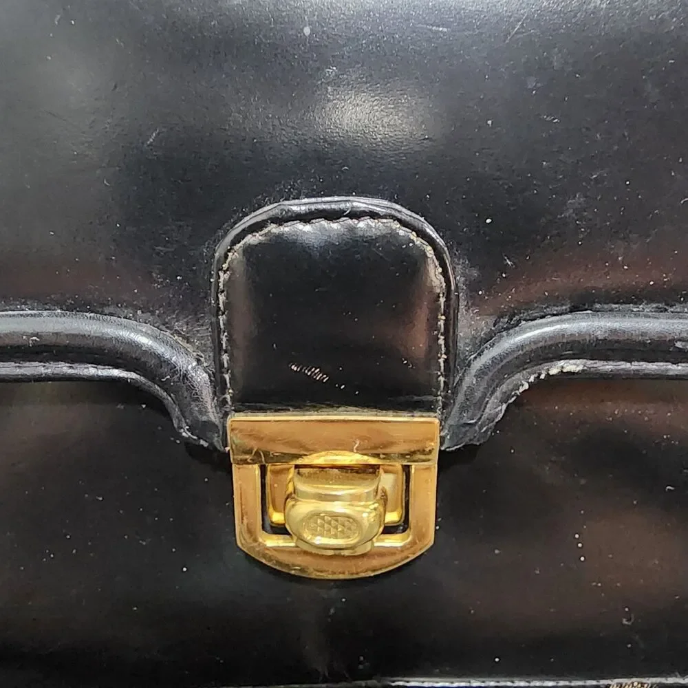 Vintage Tano Black Leather Top Handle Handbag Gold Hardware Made in Spain‎